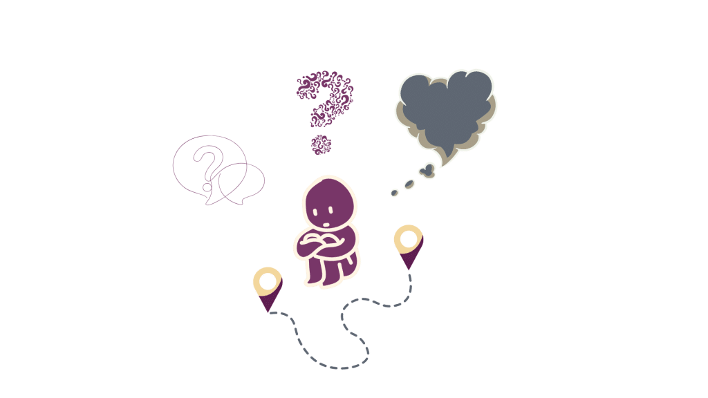 why did this happen An illustration of a sad character sitting on a winding path, with a large question mark and a storm cloud of thoughts overhead, representing feeling lost on a journey of acceptance and healing.