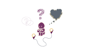 why did this happen An illustration of a sad character sitting on a winding path, with a large question mark and a storm cloud of thoughts overhead, representing feeling lost on a journey of acceptance and healing.
