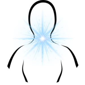 a flashy glow of light blue in the throat representing the throat chakra