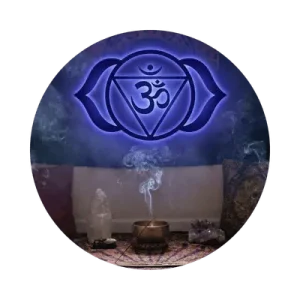 The Third Eye Chakra  is symbolized by a two-petaled lotus flower. In a room with incense burning and pillows