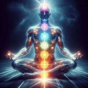 Chakra balancing and healing - human figure in meditation, with illuminated chakras aligned along the body and radiant energy patterns