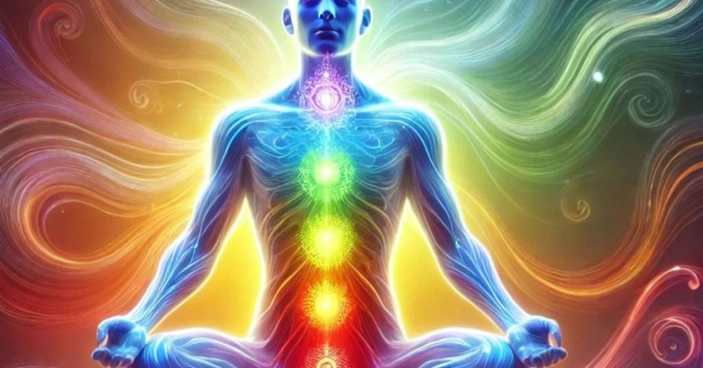 meditating figure with the seven chakras illuminated in rainbow colors, symbolizing chakra alignment and energy healing
