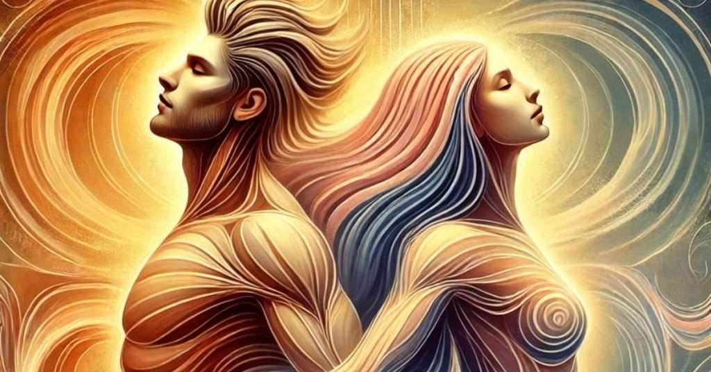 Masculine and Feminine Energy Artistic representation of divine masculine and feminine energy: stylized man and woman back to back with flowing lines, golden light, and swirling aura patterns
