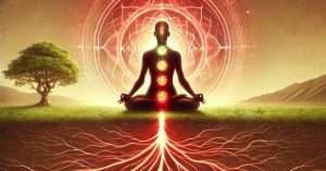 Root chakra grounding meditation illustration showing energy roots connecting to Earth, symbolizing balance, stability, and alignment of the chakra system.