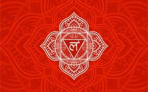 Root or muladhara chakra symbol in red mandala background representing grounding, stability, and safety