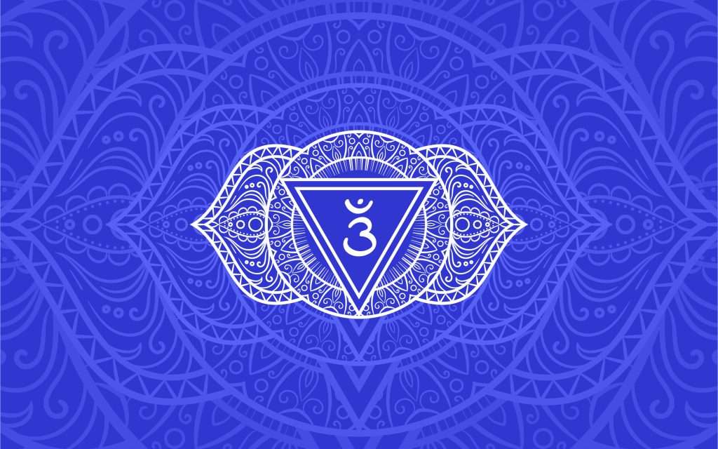 Third-eye or ajna chakra symbol in indigo blue mandala background representing intuition, insight, and clarity