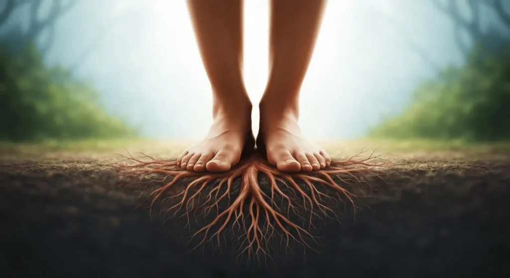 Feet with roots connecting to earth. grounding root chakra