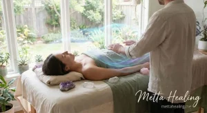 A practitioner performs vibrational therapy on a woman relaxing peacefully on a healing table. A gentle wave of colorful energy flows over her body, with amethyst and rose quartz crystals placed nearby in a serene, sunlit room.