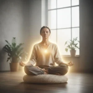 A calm and focused person meditating, with soft light around them, conveying a sense of inner peace and personal power. Energy Healing